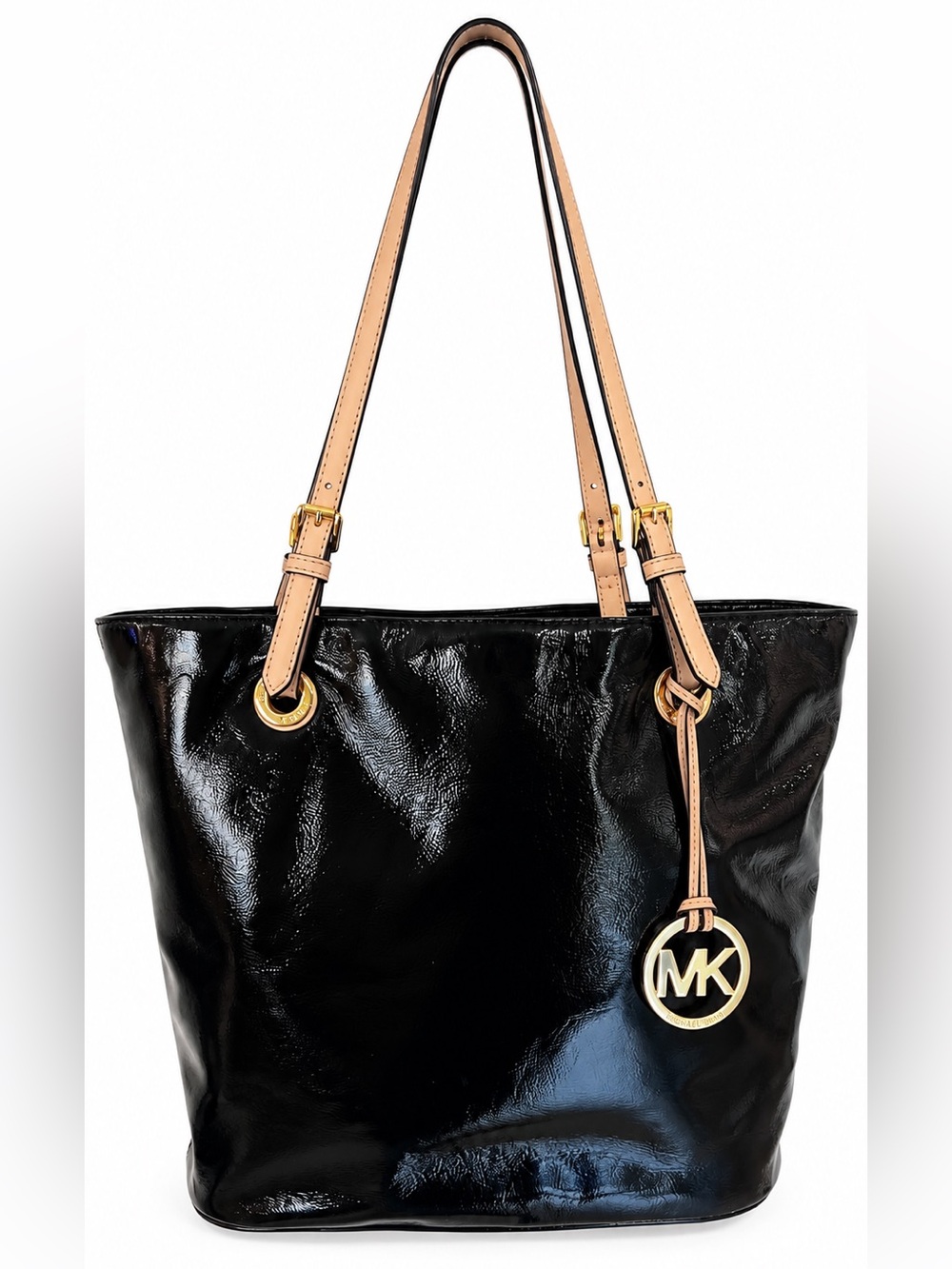 Michael Kors Jet Set Black Patent Leather Tote Bag Tan Straps MK Charm